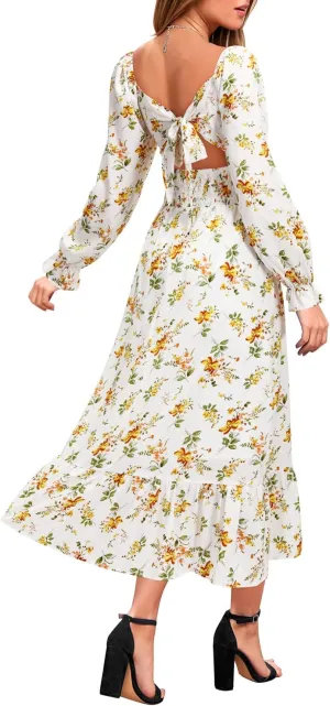 VOTEPRETTY Women's Puff Sleeve Bridal Shower Flowy Tie Back Long Dresses