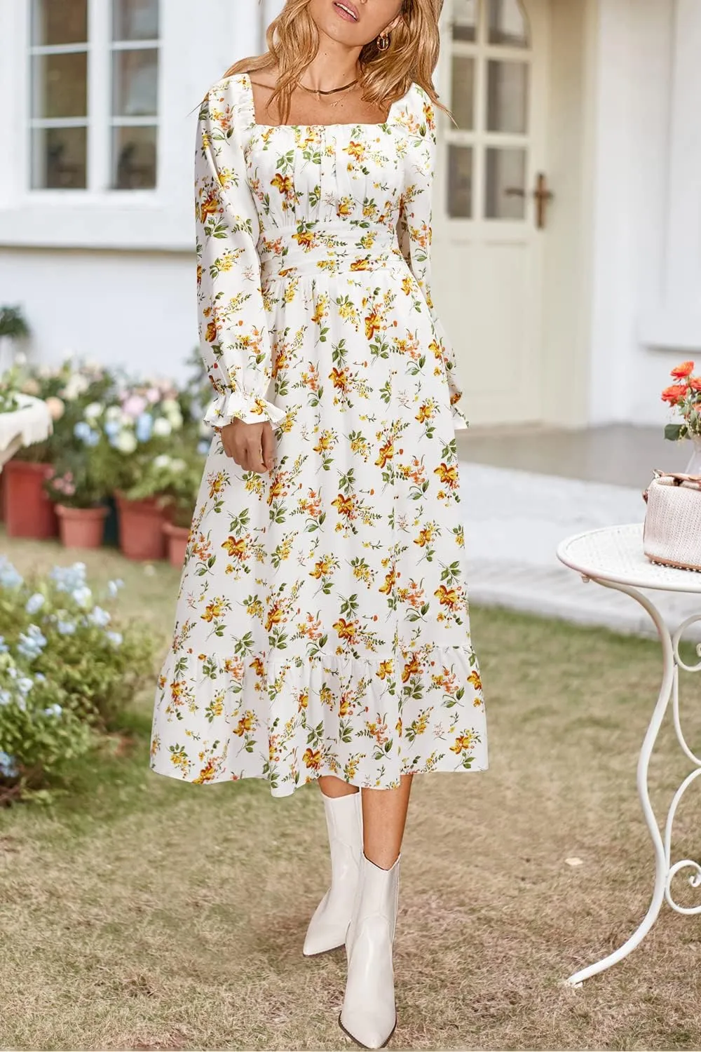 VOTEPRETTY Women's Puff Sleeve Bridal Shower Flowy Tie Back Long Dresses