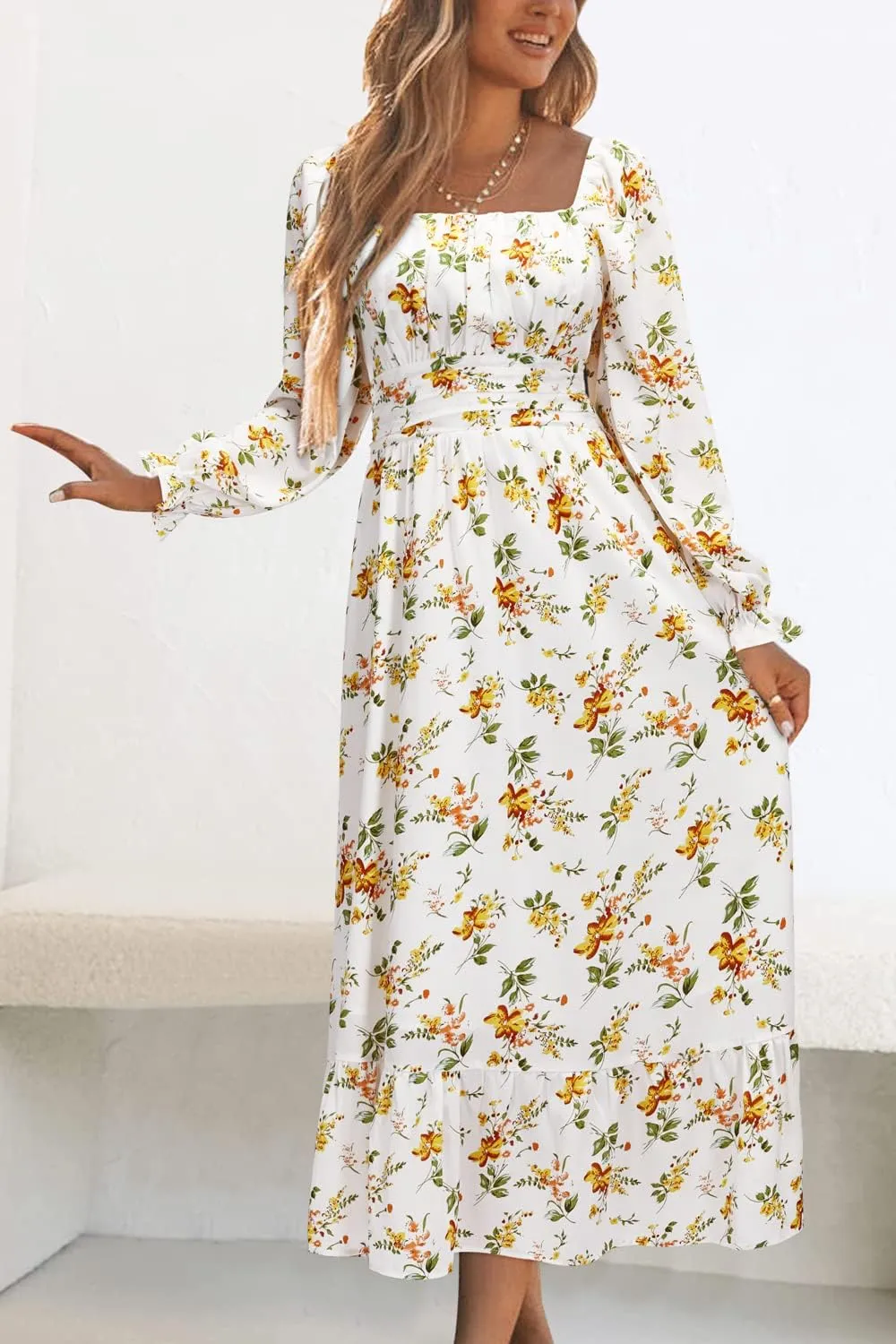 VOTEPRETTY Women's Puff Sleeve Bridal Shower Flowy Tie Back Long Dresses