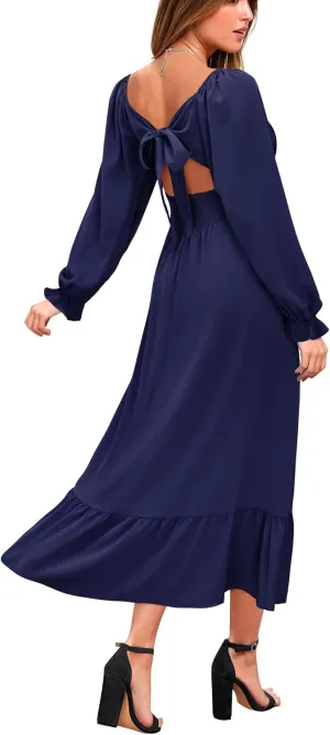 VOTEPRETTY Women's Puff Sleeve Bridal Shower Flowy Tie Back Long Dresses