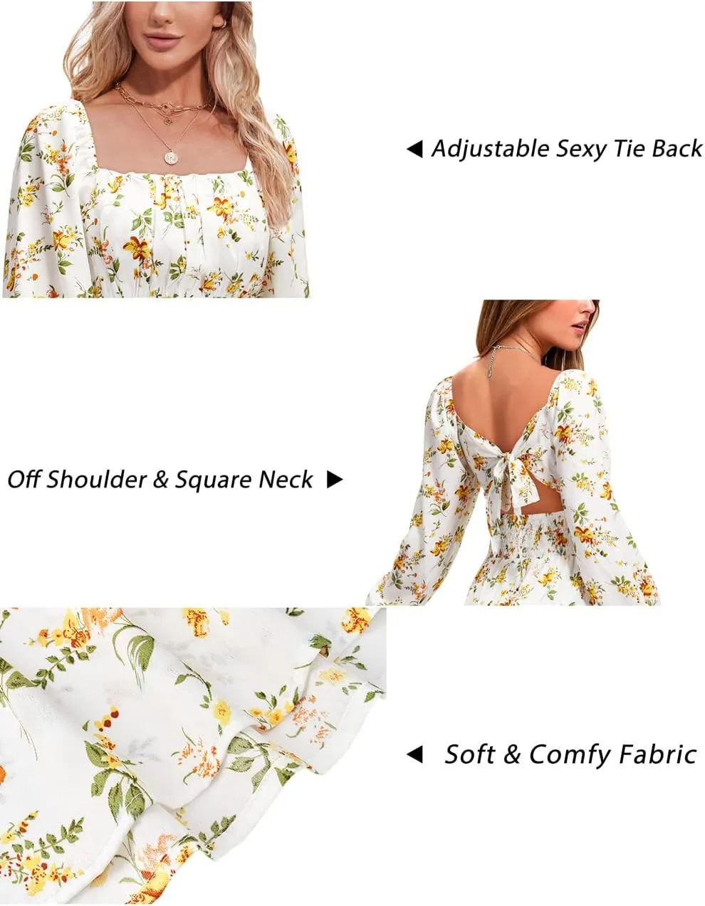 VOTEPRETTY Women's Puff Sleeve Bridal Shower Flowy Tie Back Long Dresses