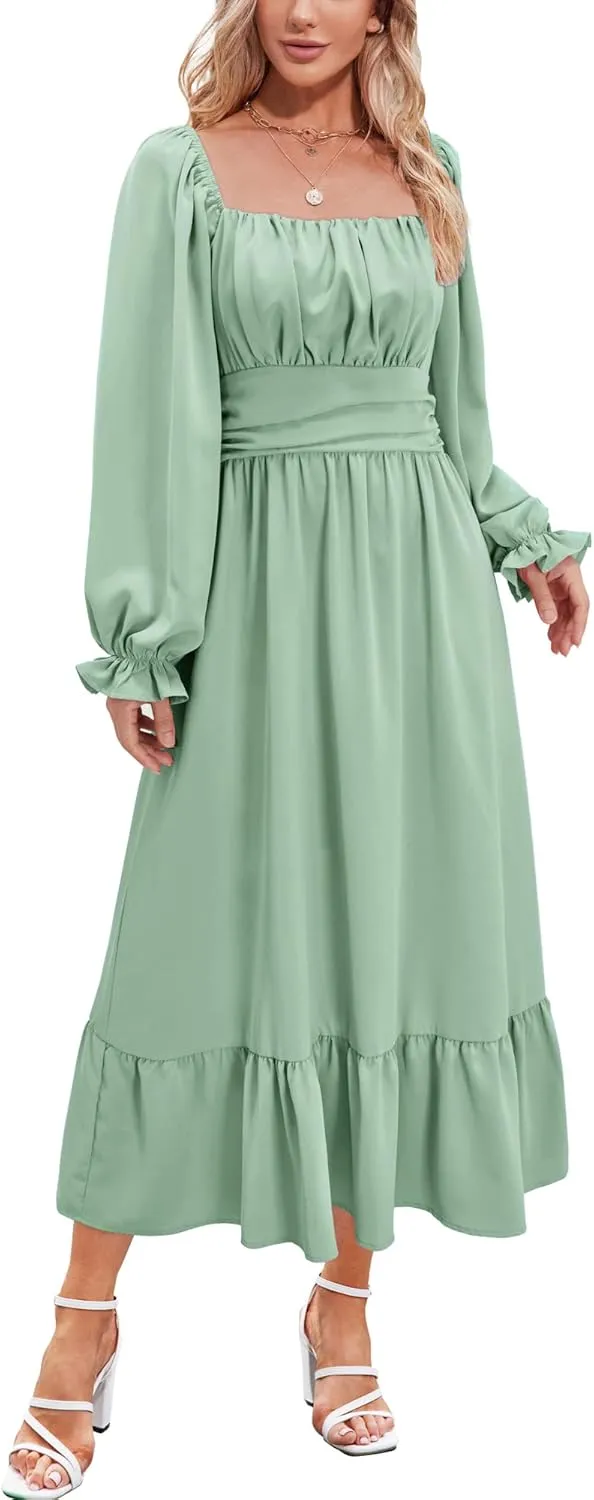 VOTEPRETTY Women's Puff Sleeve Bridal Shower Flowy Tie Back Long Dresses
