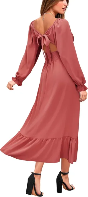 VOTEPRETTY Women's Puff Sleeve Bridal Shower Flowy Tie Back Long Dresses