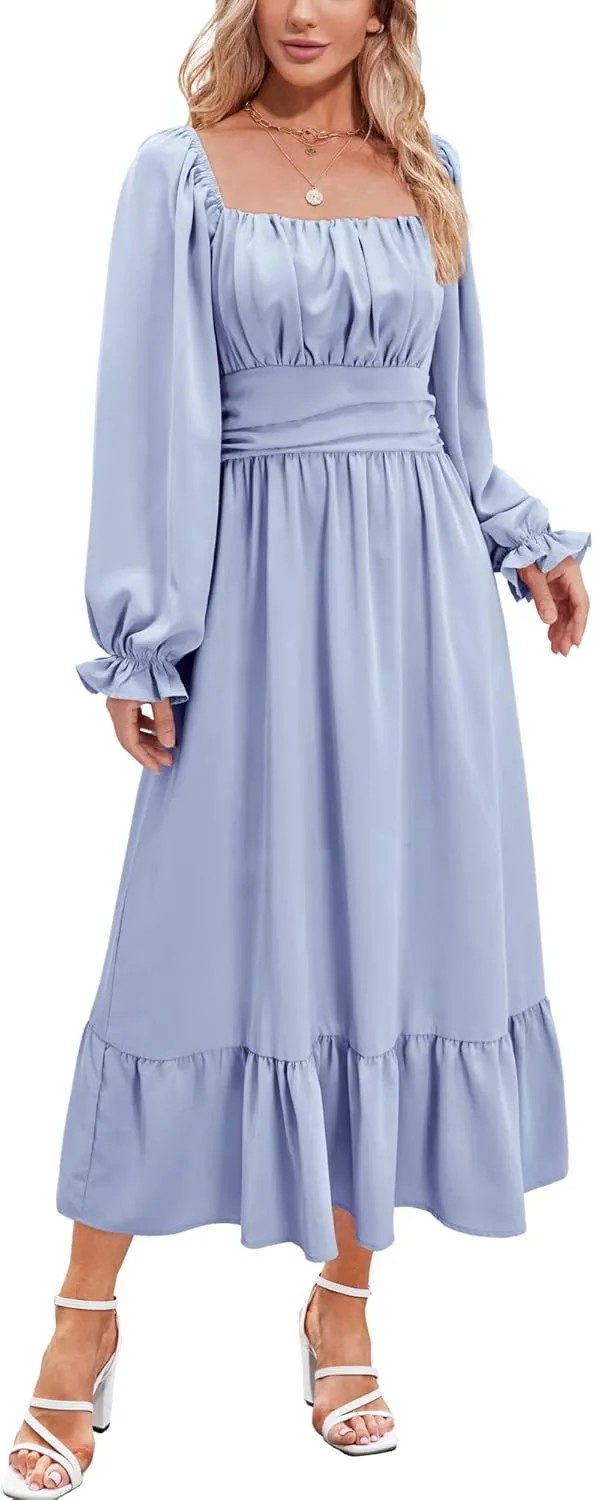 VOTEPRETTY Women's Puff Sleeve Bridal Shower Flowy Tie Back Long Dresses