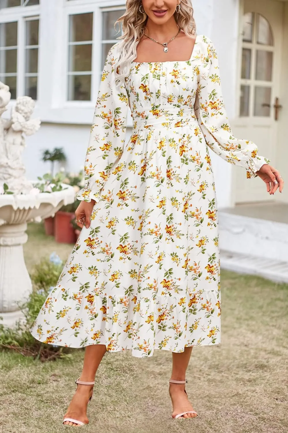 VOTEPRETTY Women's Puff Sleeve Bridal Shower Flowy Tie Back Long Dresses