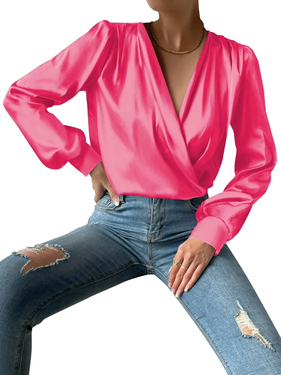 Vrtige Women's Satin Silky Draped Wrap V Neck Ruched Long Sleeve Blouse Shirt Top