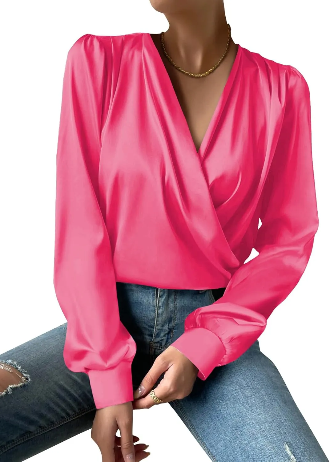 Vrtige Women's Satin Silky Draped Wrap V Neck Ruched Long Sleeve Blouse Shirt Top