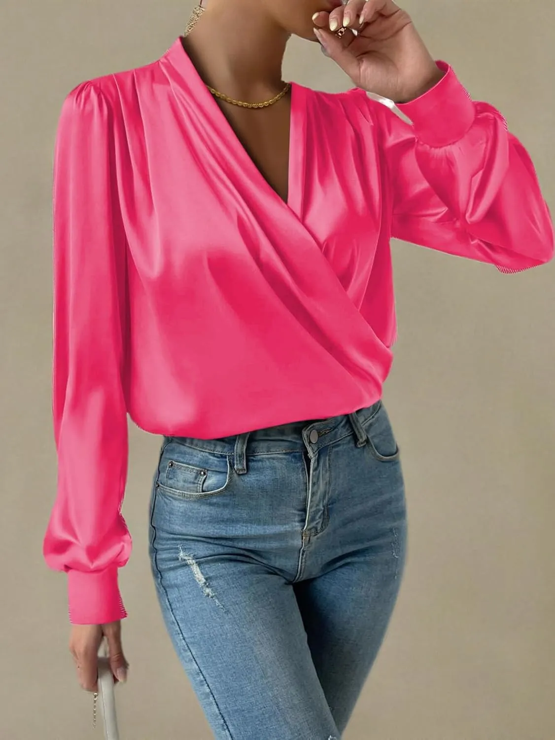 Vrtige Women's Satin Silky Draped Wrap V Neck Ruched Long Sleeve Blouse Shirt Top