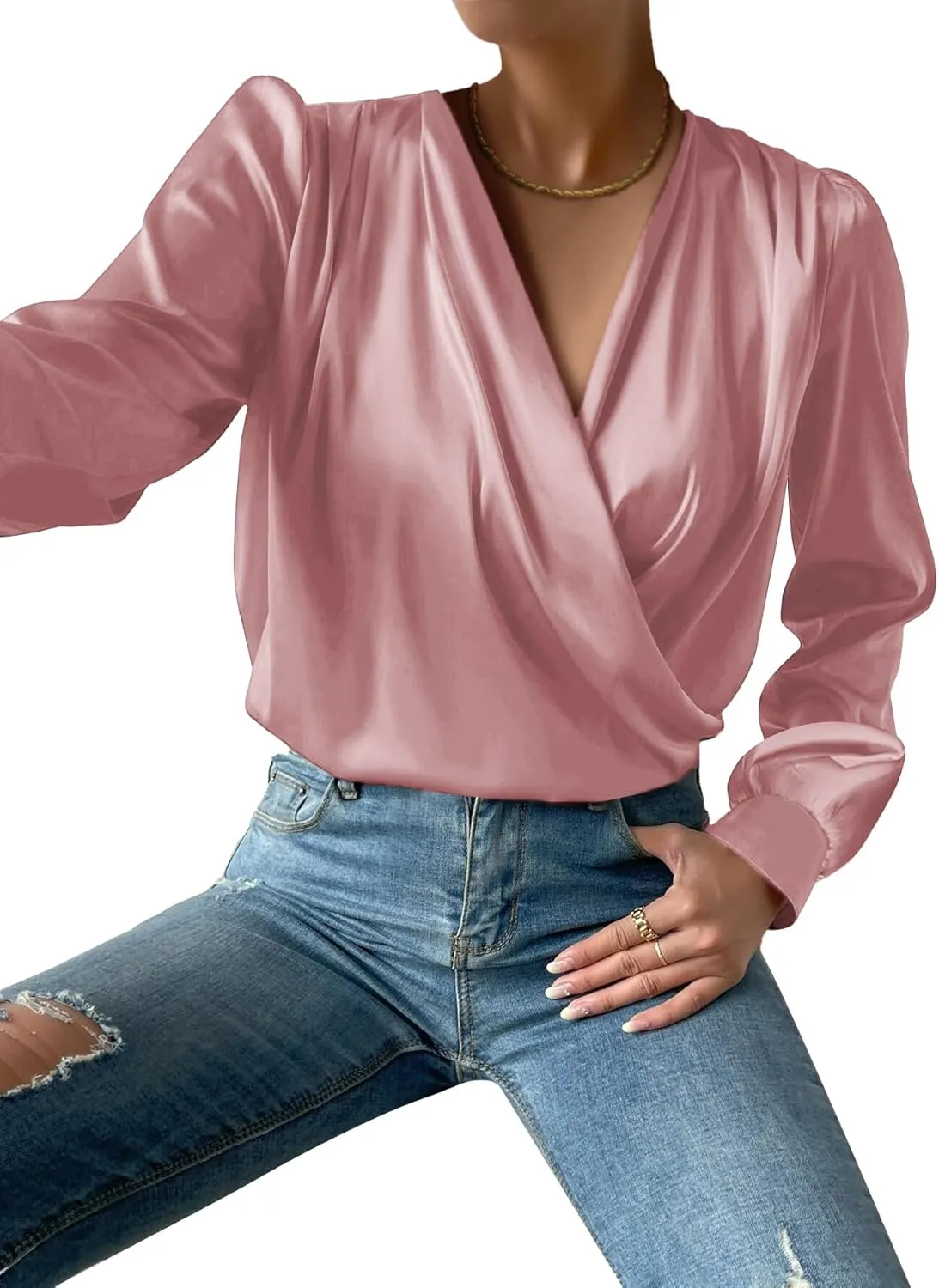 Vrtige Women's Satin Silky Draped Wrap V Neck Ruched Long Sleeve Blouse Shirt Top