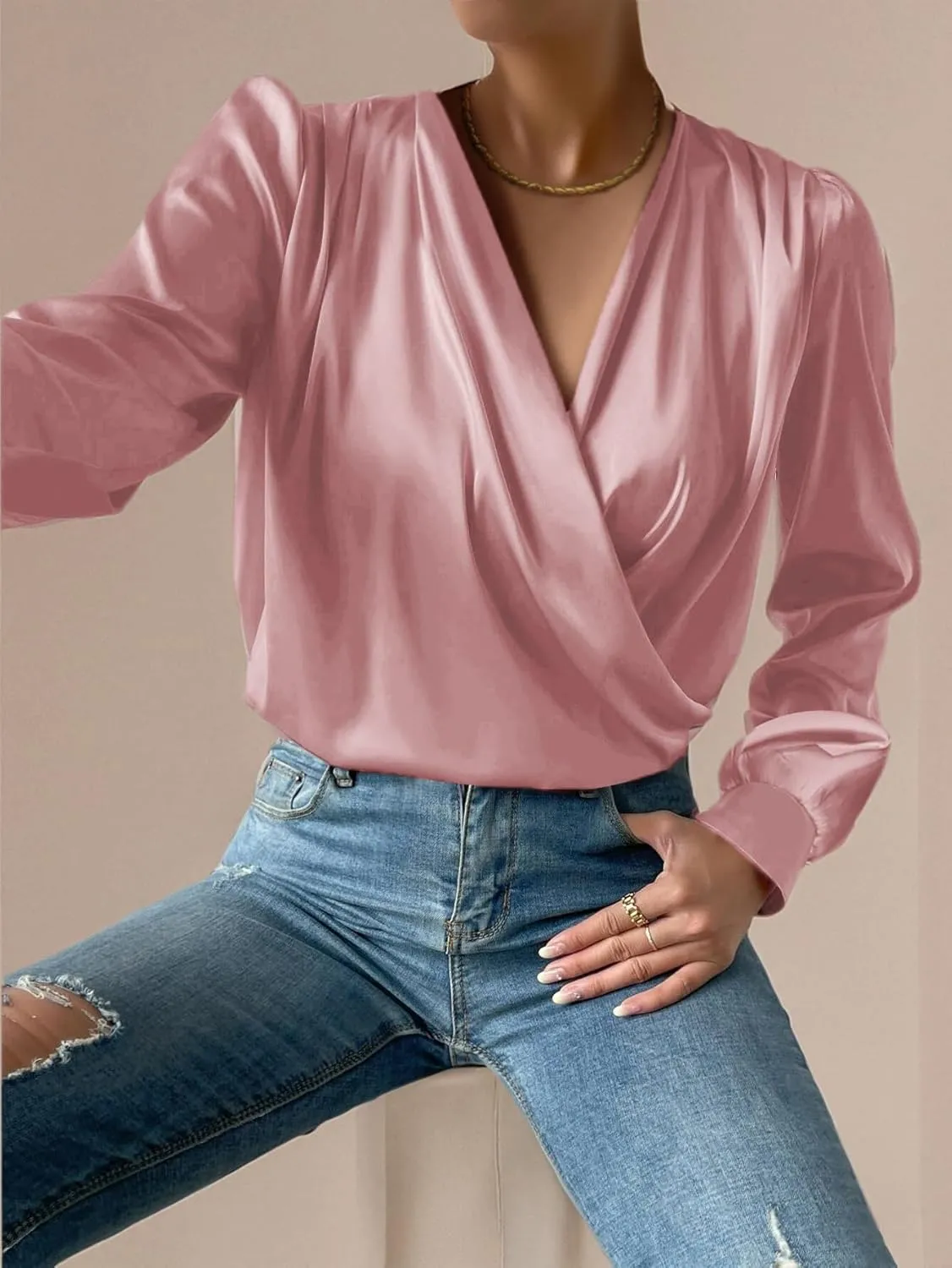 Vrtige Women's Satin Silky Draped Wrap V Neck Ruched Long Sleeve Blouse Shirt Top