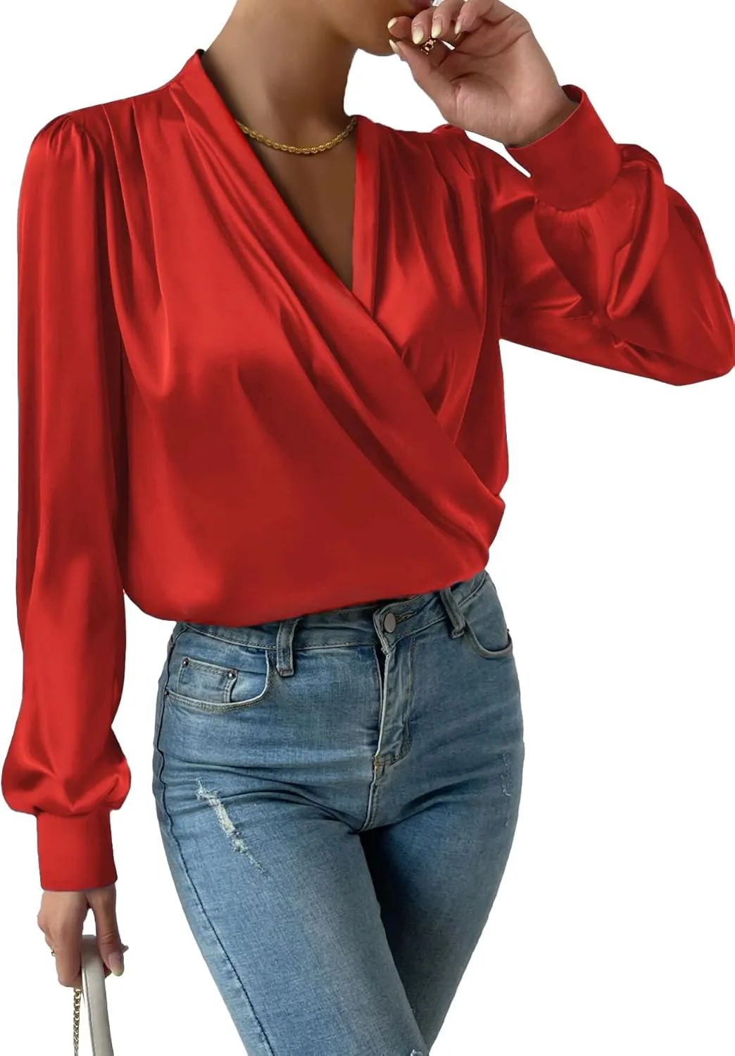 Vrtige Women's Satin Silky Draped Wrap V Neck Ruched Long Sleeve Blouse Shirt Top