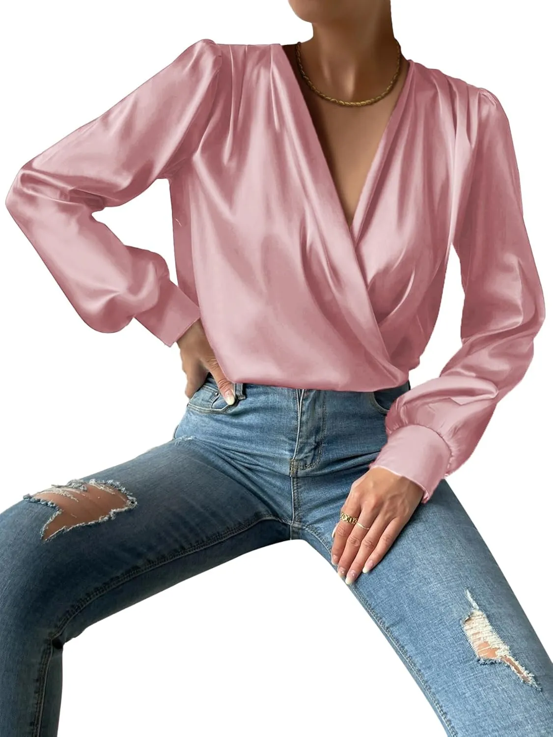 Vrtige Women's Satin Silky Draped Wrap V Neck Ruched Long Sleeve Blouse Shirt Top