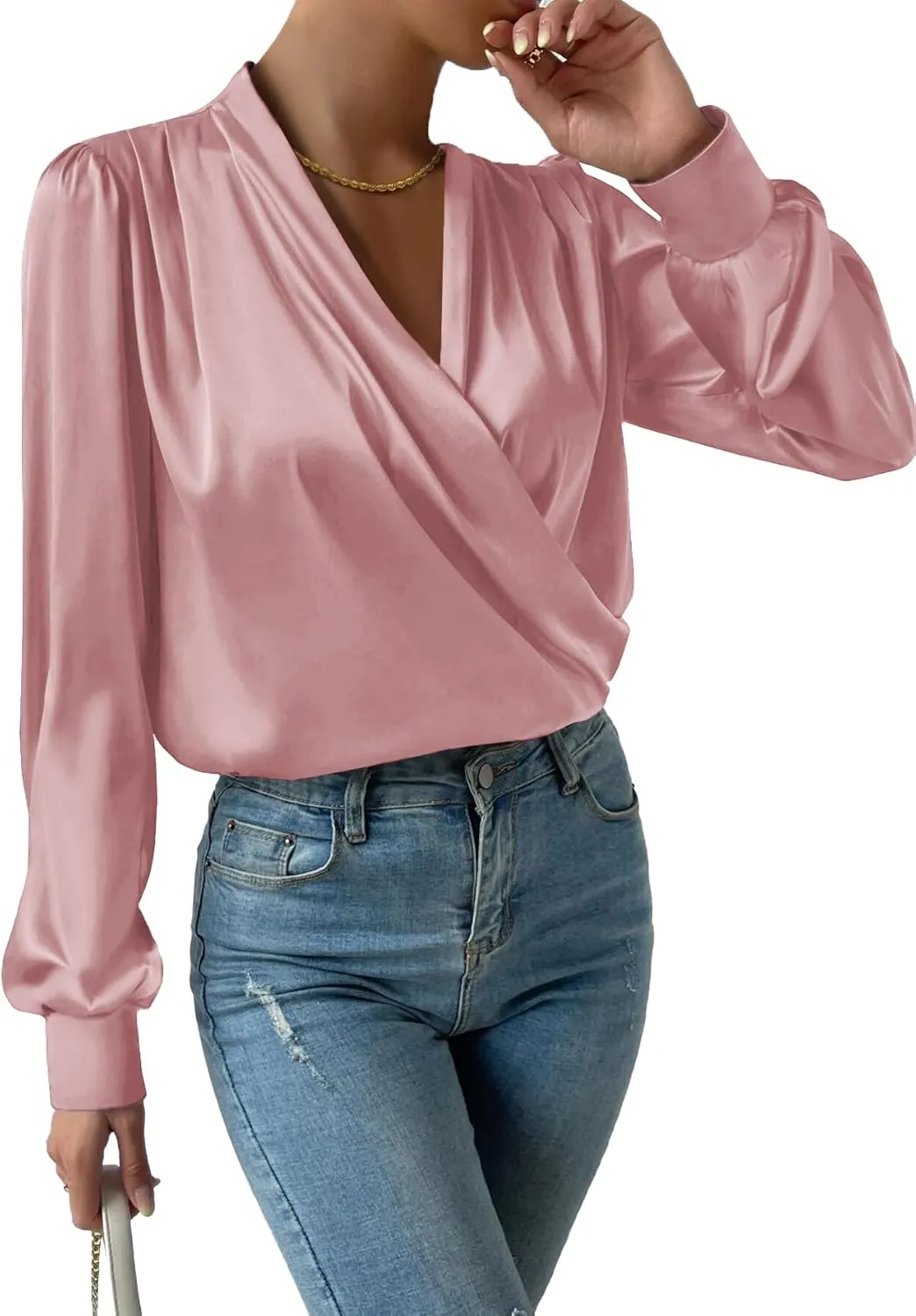 Vrtige Women's Satin Silky Draped Wrap V Neck Ruched Long Sleeve Blouse Shirt Top