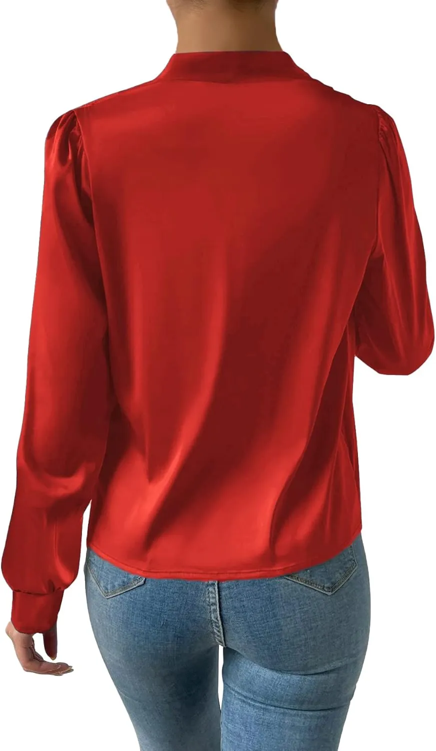 Vrtige Women's Satin Silky Draped Wrap V Neck Ruched Long Sleeve Blouse Shirt Top