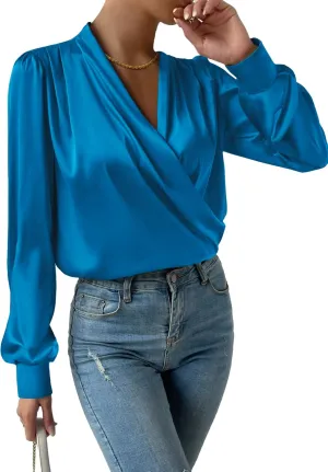 Vrtige Women's Satin Silky Draped Wrap V Neck Ruched Long Sleeve Blouse Shirt Top