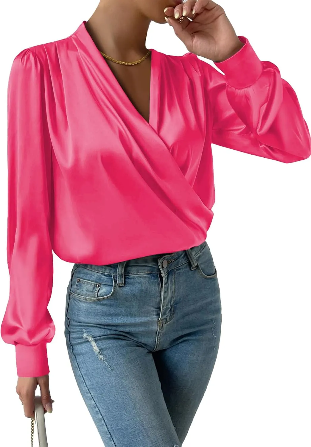 Vrtige Women's Satin Silky Draped Wrap V Neck Ruched Long Sleeve Blouse Shirt Top