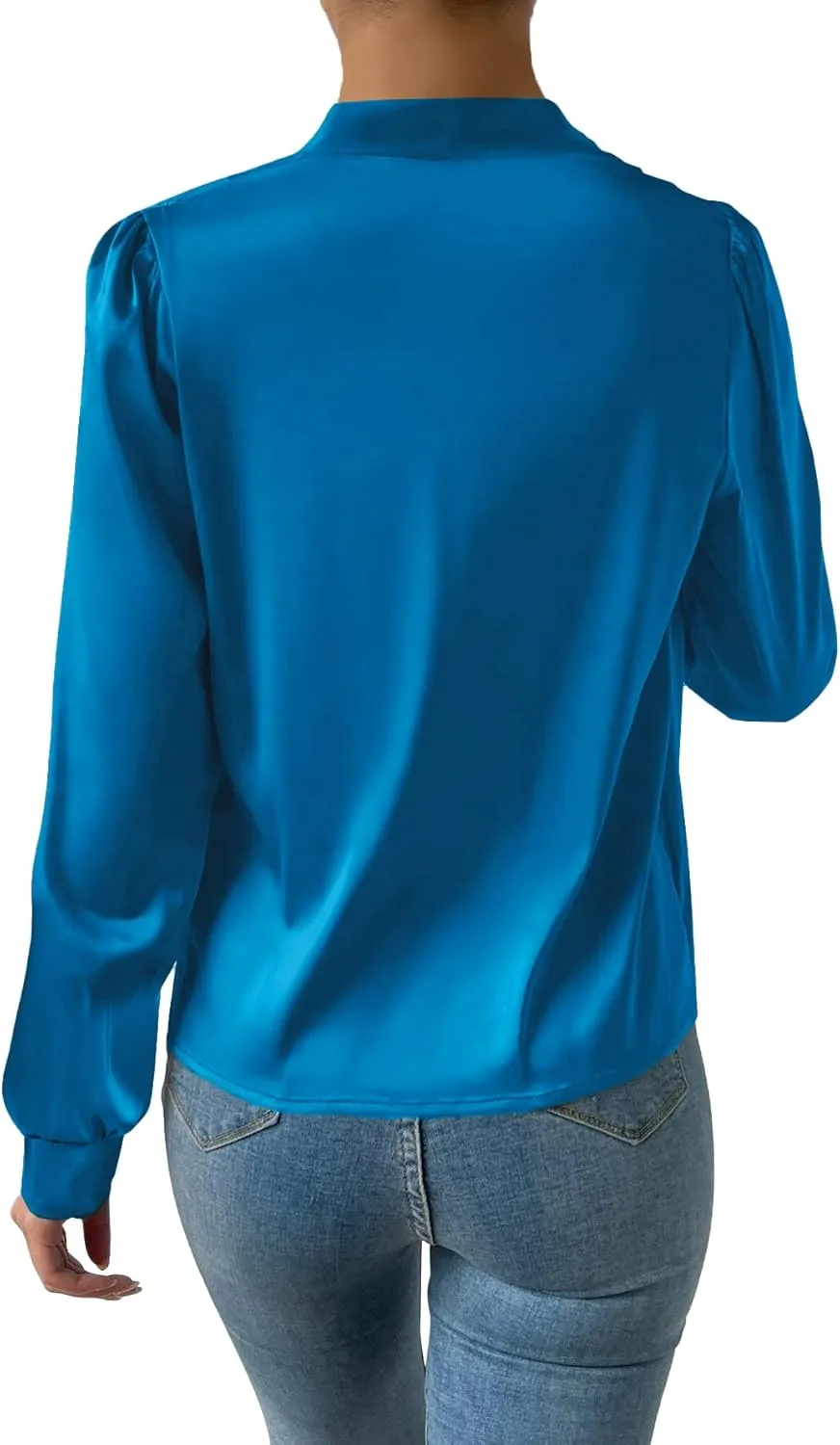 Vrtige Women's Satin Silky Draped Wrap V Neck Ruched Long Sleeve Blouse Shirt Top