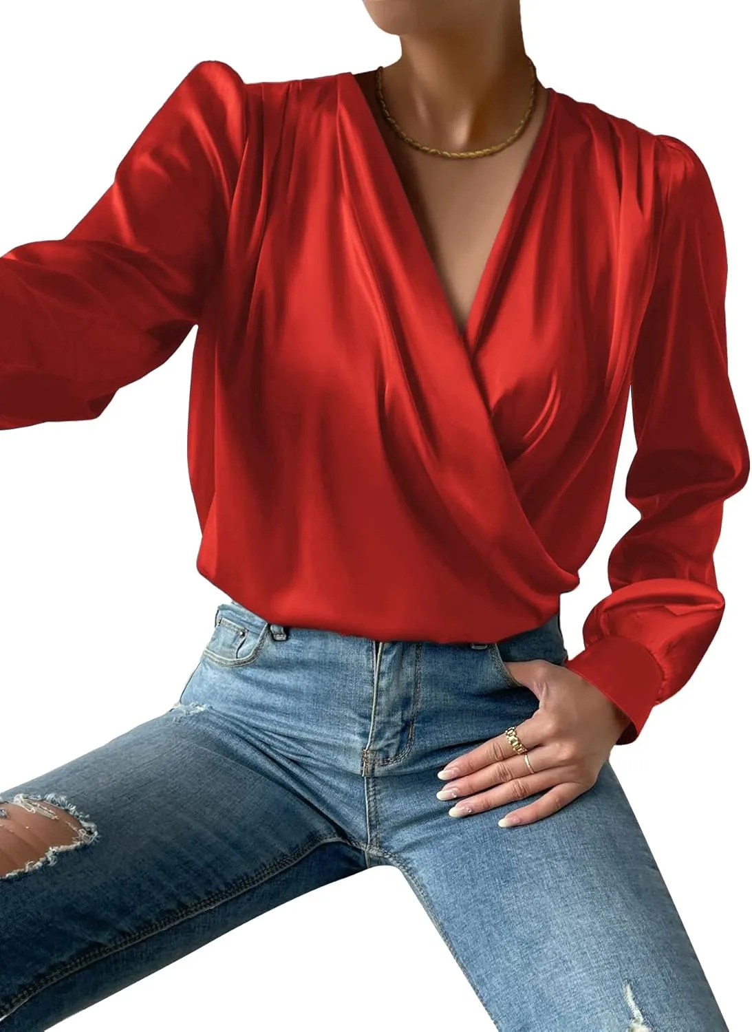 Vrtige Women's Satin Silky Draped Wrap V Neck Ruched Long Sleeve Blouse Shirt Top