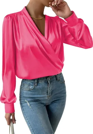 Vrtige Women's Satin Silky Draped Wrap V Neck Ruched Long Sleeve Blouse Shirt Top