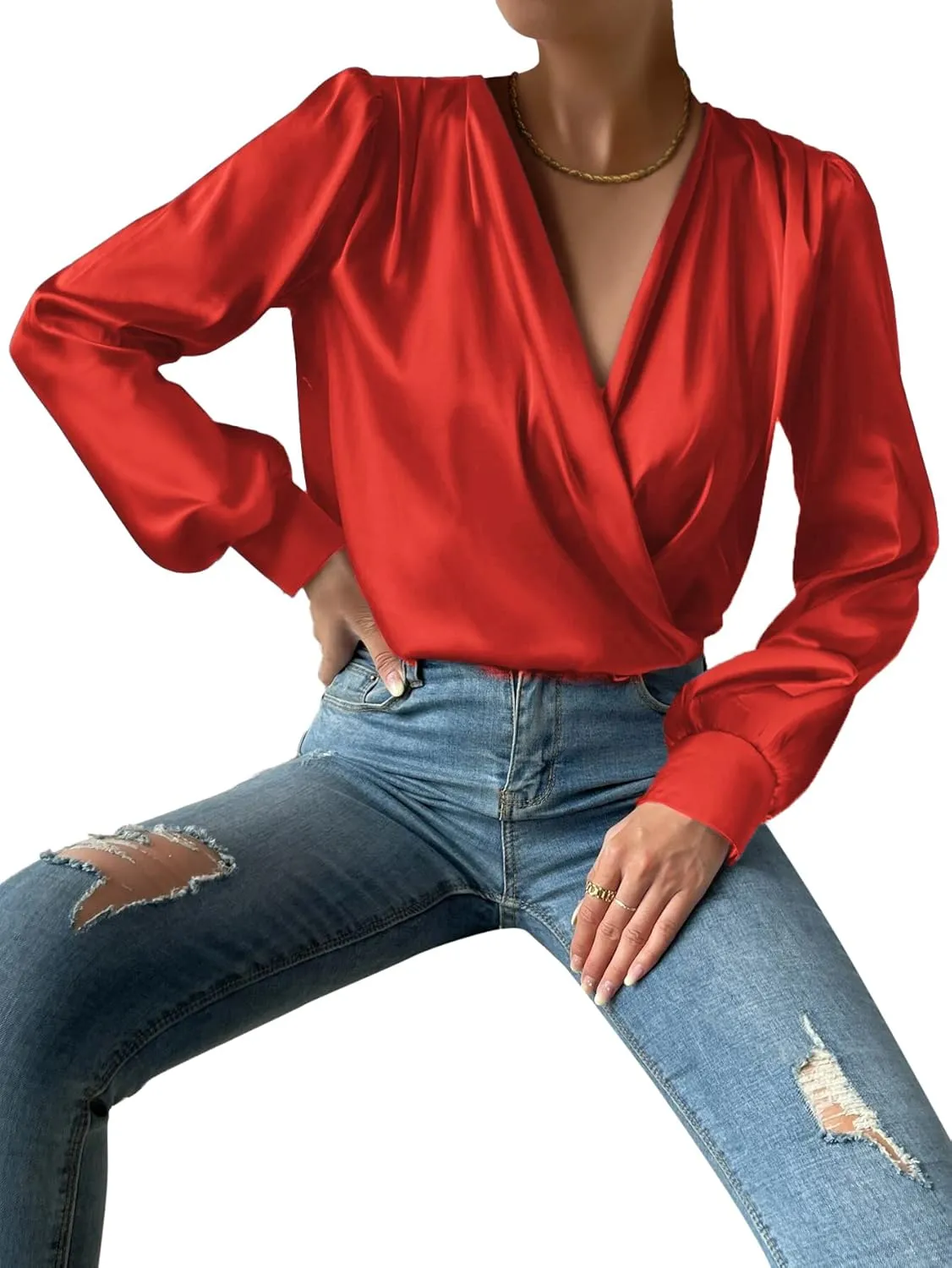 Vrtige Women's Satin Silky Draped Wrap V Neck Ruched Long Sleeve Blouse Shirt Top