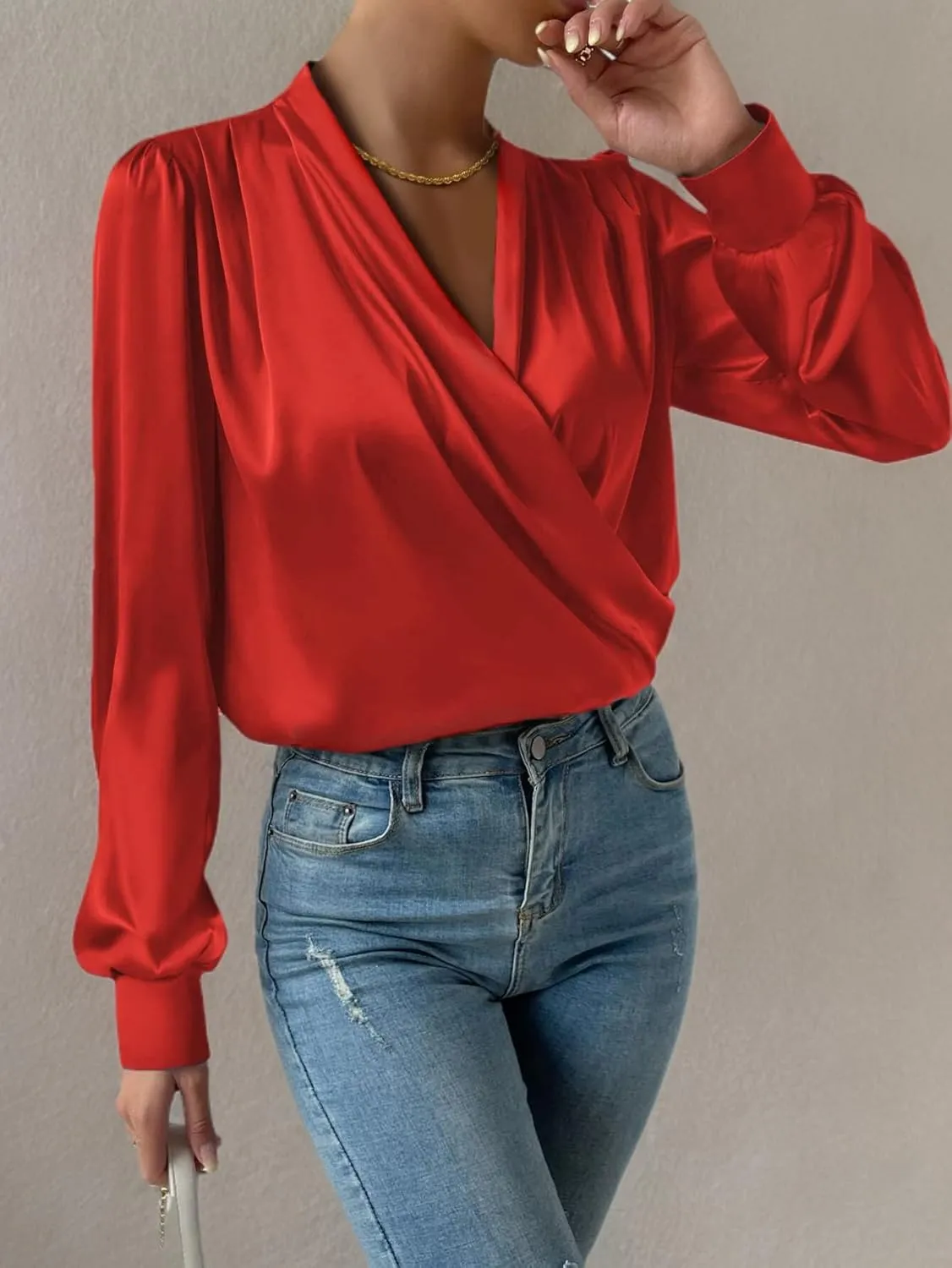 Vrtige Women's Satin Silky Draped Wrap V Neck Ruched Long Sleeve Blouse Shirt Top