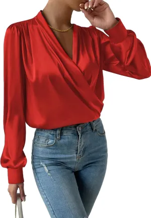 Vrtige Women's Satin Silky Draped Wrap V Neck Ruched Long Sleeve Blouse Shirt Top