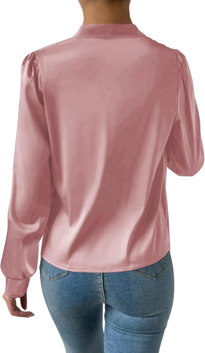 Vrtige Women's Satin Silky Draped Wrap V Neck Ruched Long Sleeve Blouse Shirt Top
