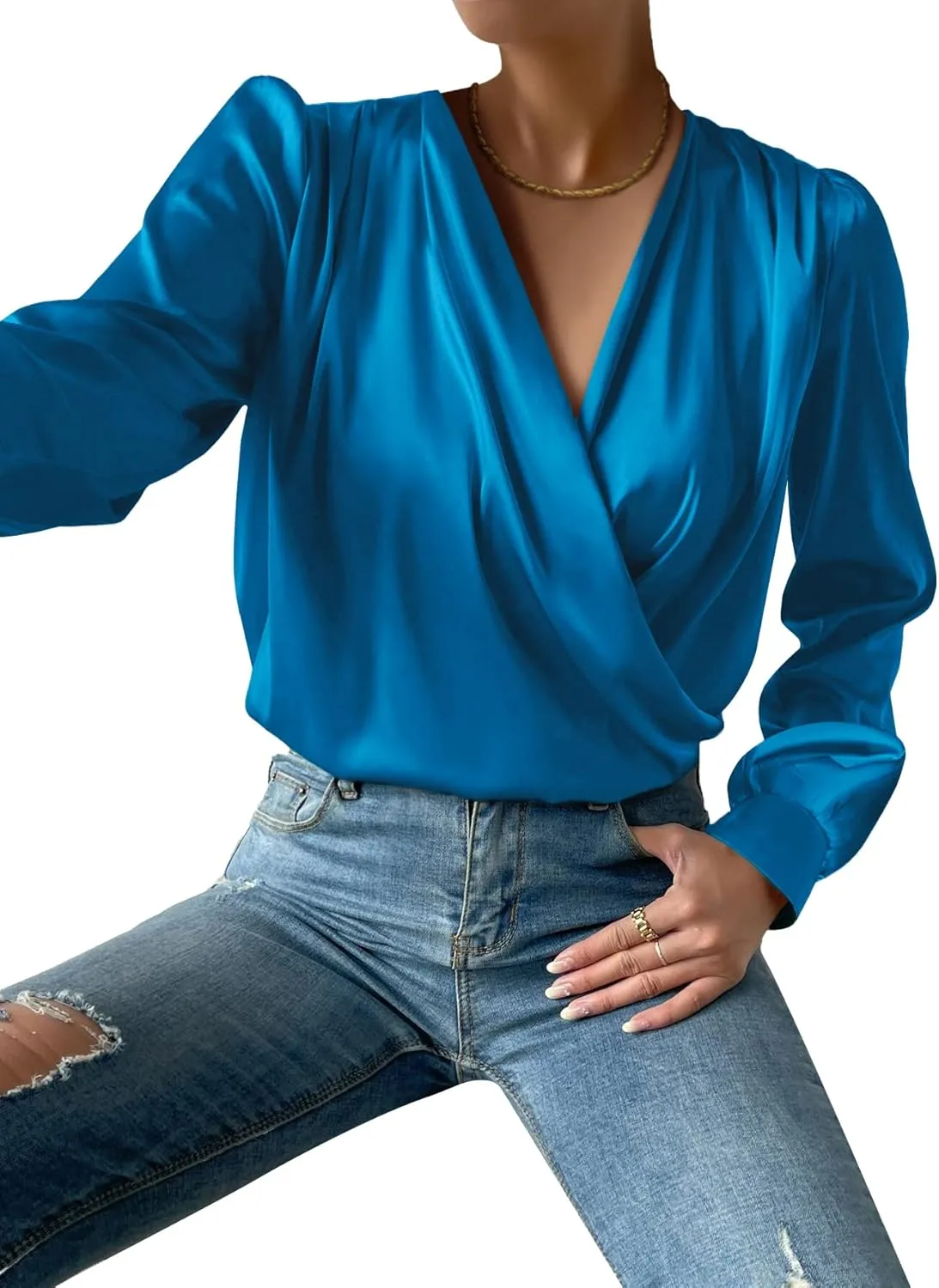 Vrtige Women's Satin Silky Draped Wrap V Neck Ruched Long Sleeve Blouse Shirt Top