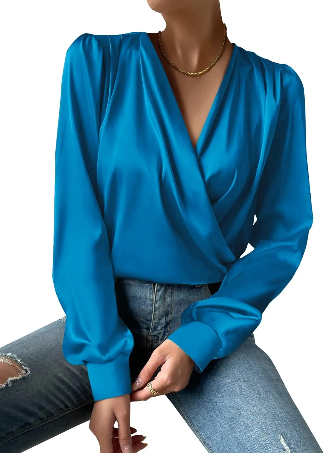Vrtige Women's Satin Silky Draped Wrap V Neck Ruched Long Sleeve Blouse Shirt Top