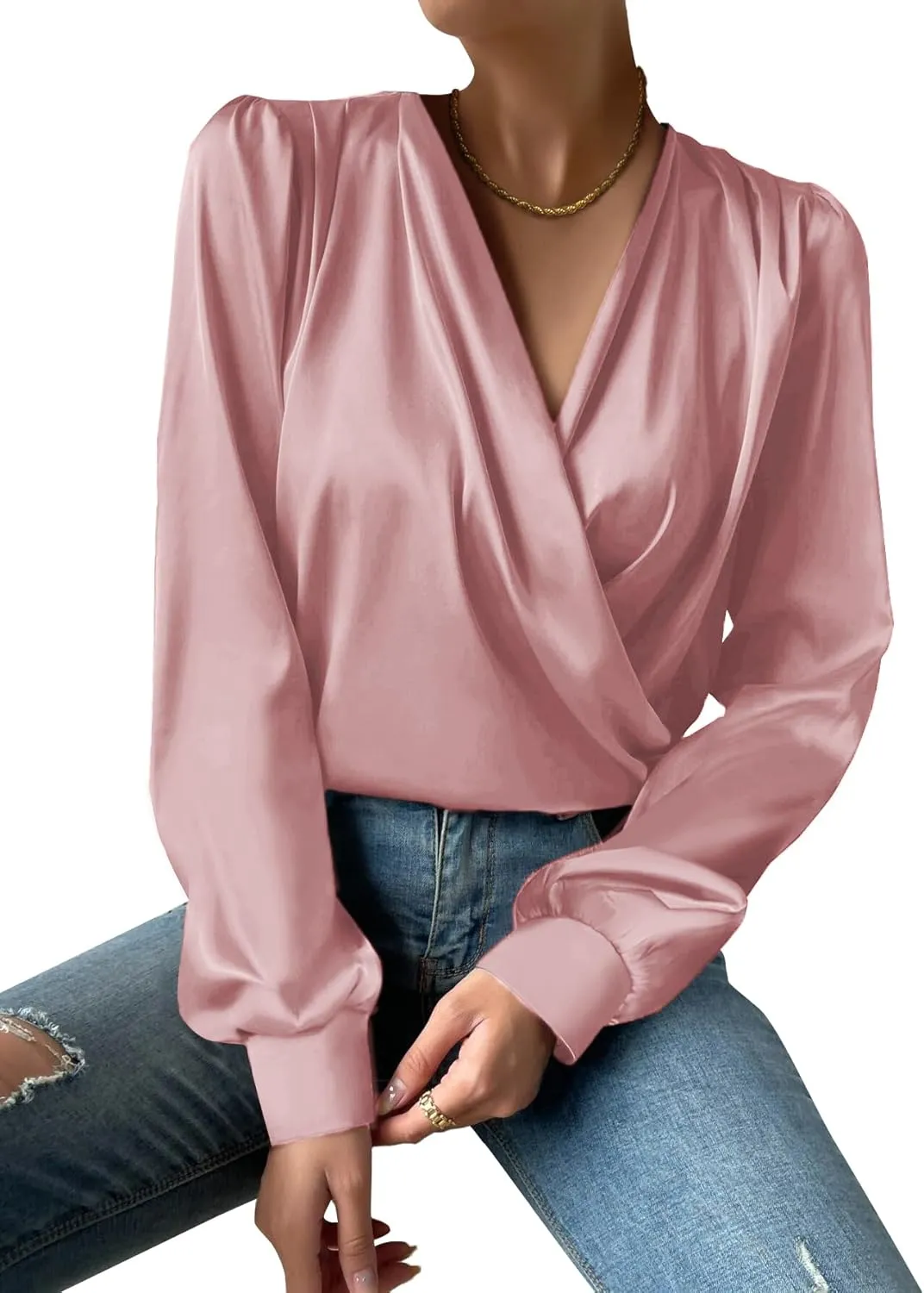 Vrtige Women's Satin Silky Draped Wrap V Neck Ruched Long Sleeve Blouse Shirt Top