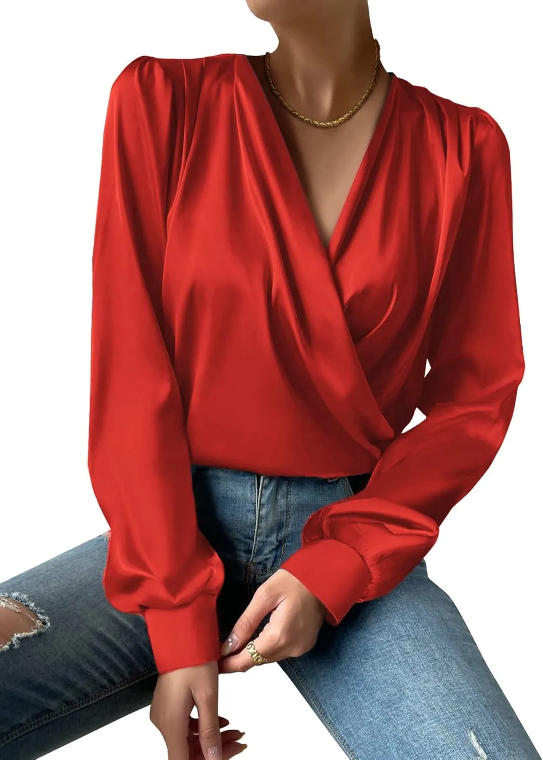 Vrtige Women's Satin Silky Draped Wrap V Neck Ruched Long Sleeve Blouse Shirt Top