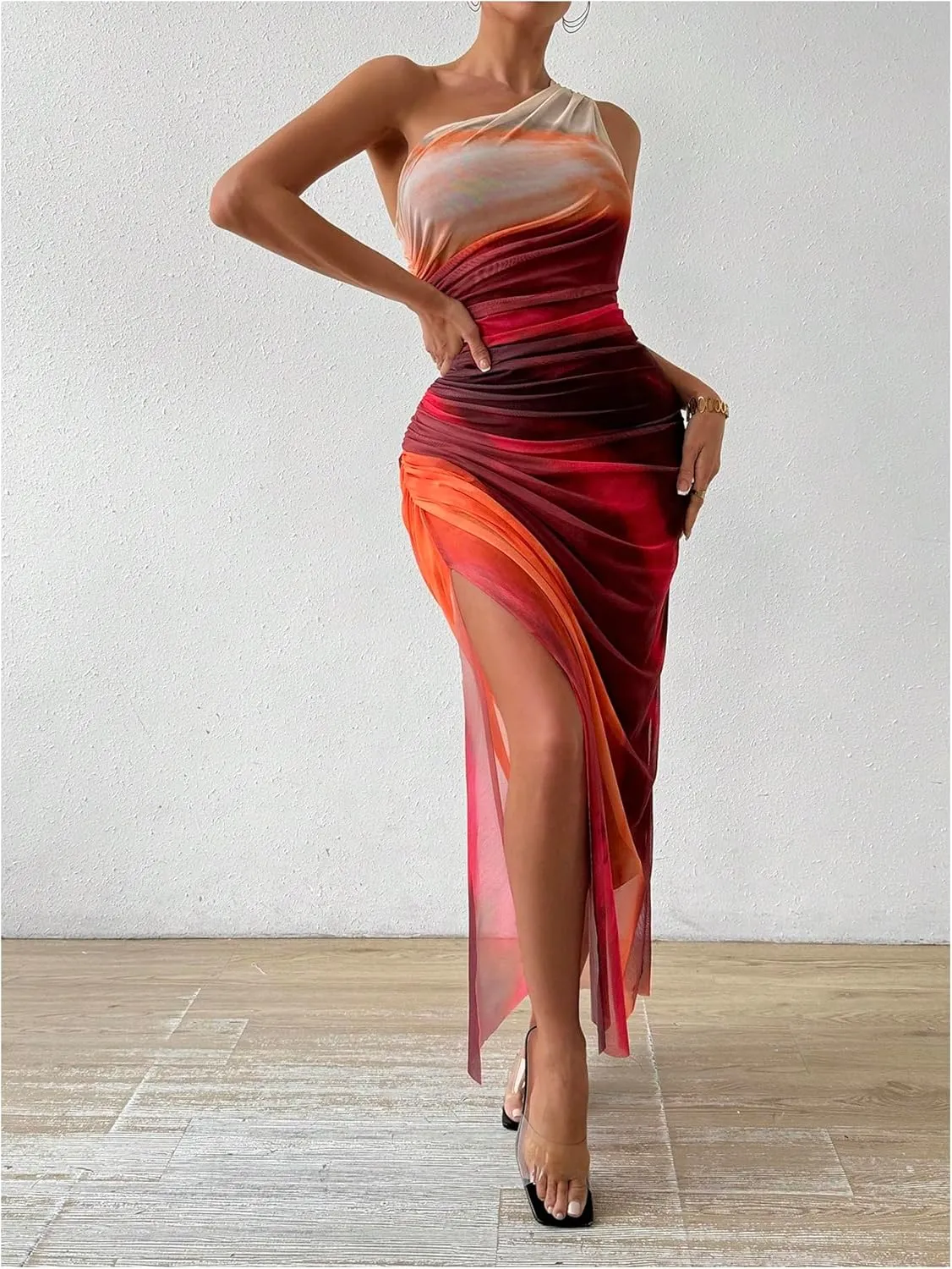 WDIRARA Women's One Shoulder Mesh Ruched Maxi Dress Tie Dye High Slit Bodycon Dresses
