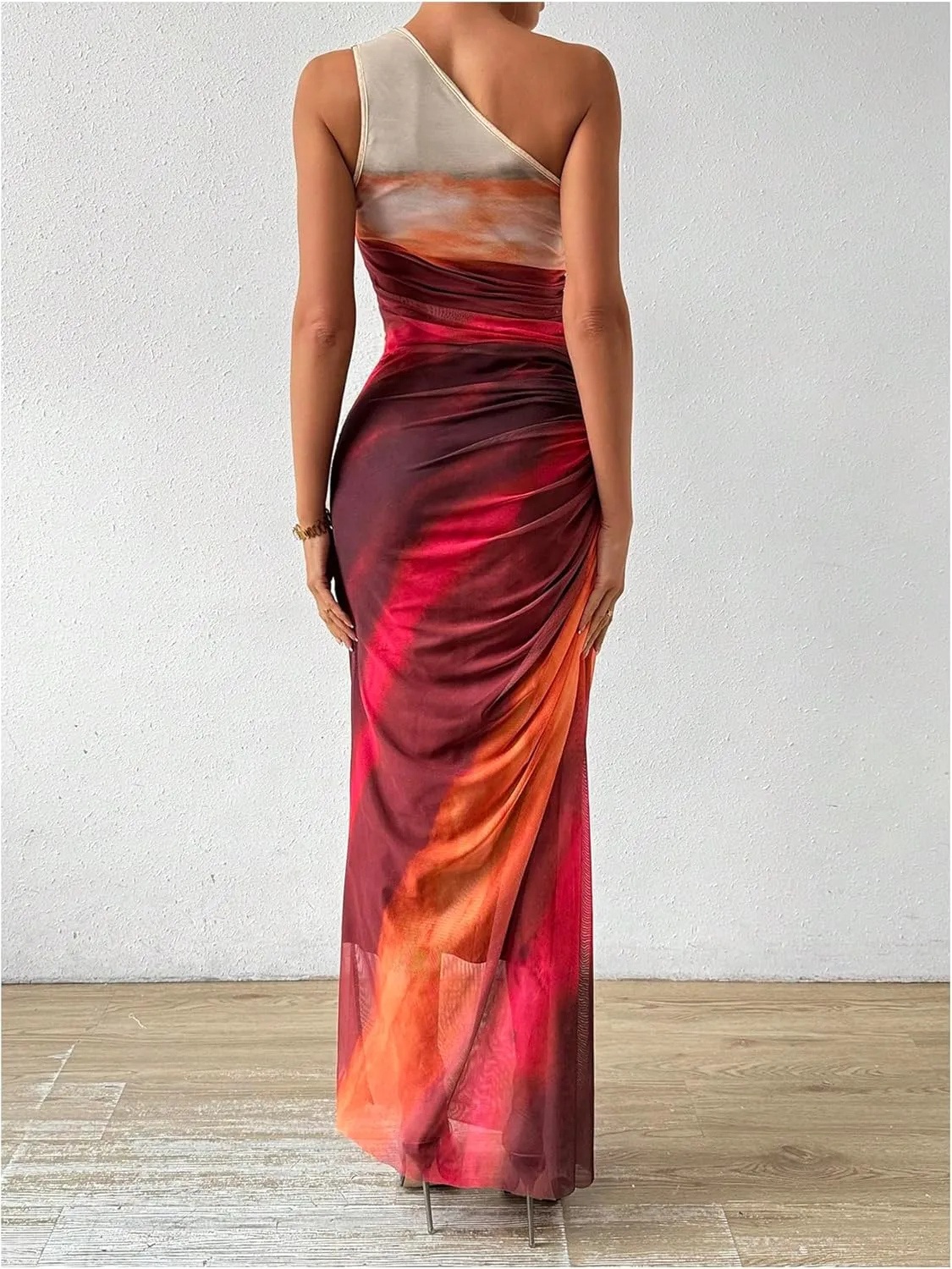WDIRARA Women's One Shoulder Mesh Ruched Maxi Dress Tie Dye High Slit Bodycon Dresses