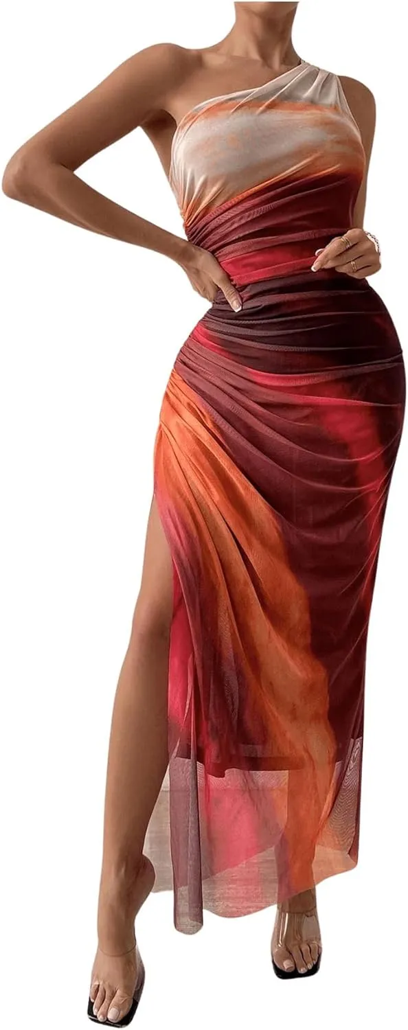 WDIRARA Women's One Shoulder Mesh Ruched Maxi Dress Tie Dye High Slit Bodycon Dresses