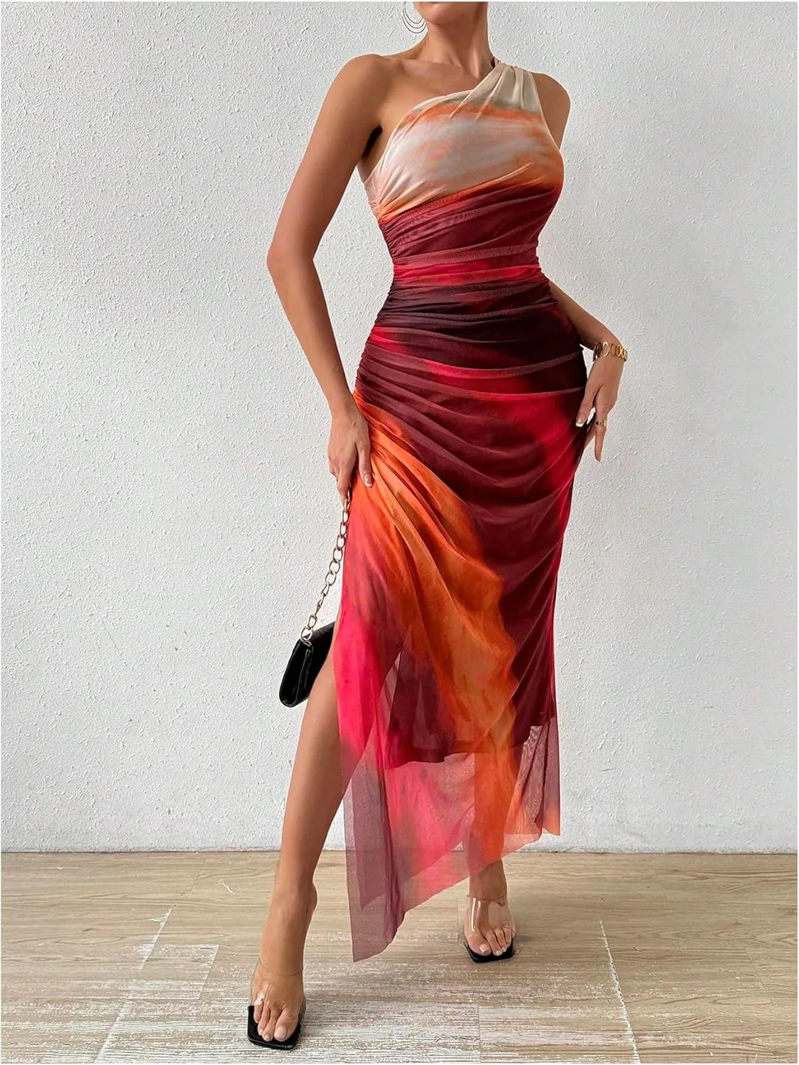 WDIRARA Women's One Shoulder Mesh Ruched Maxi Dress Tie Dye High Slit Bodycon Dresses