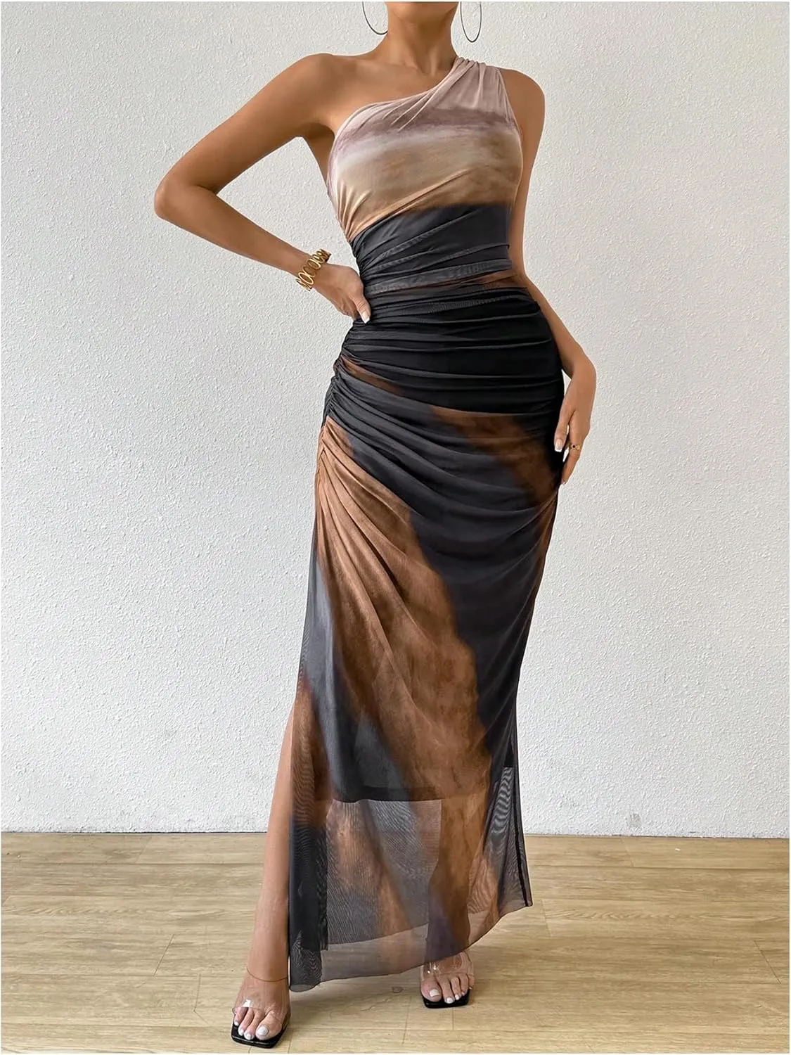 WDIRARA Women's One Shoulder Mesh Ruched Maxi Dress Tie Dye High Slit Bodycon Dresses