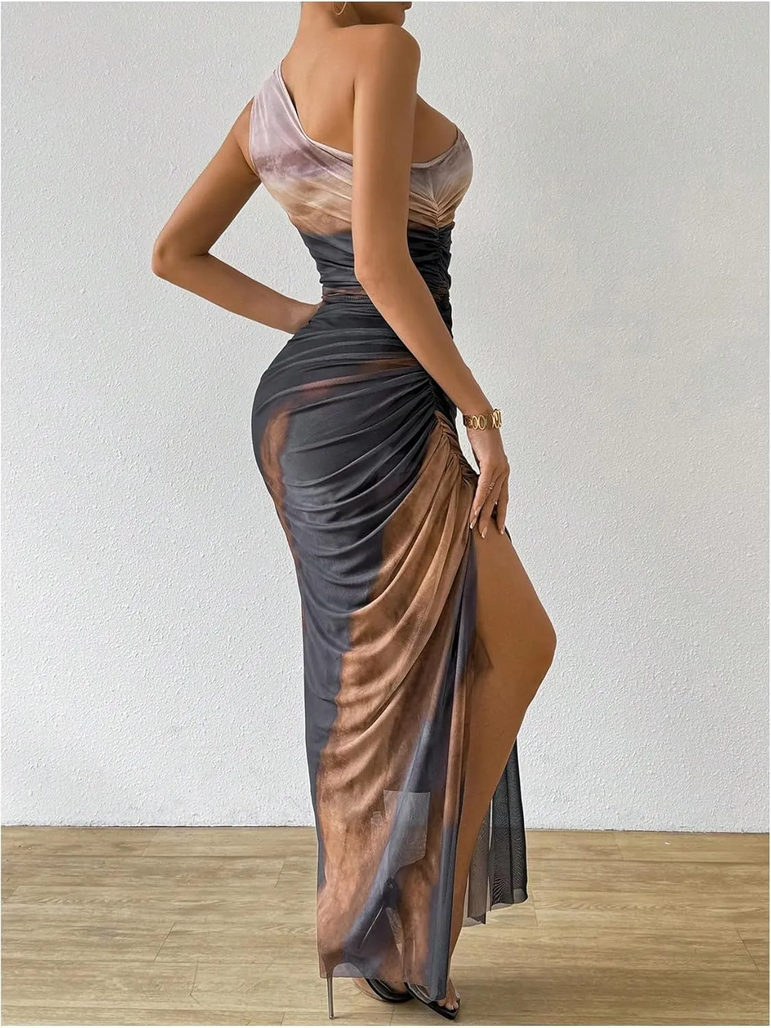 WDIRARA Women's One Shoulder Mesh Ruched Maxi Dress Tie Dye High Slit Bodycon Dresses