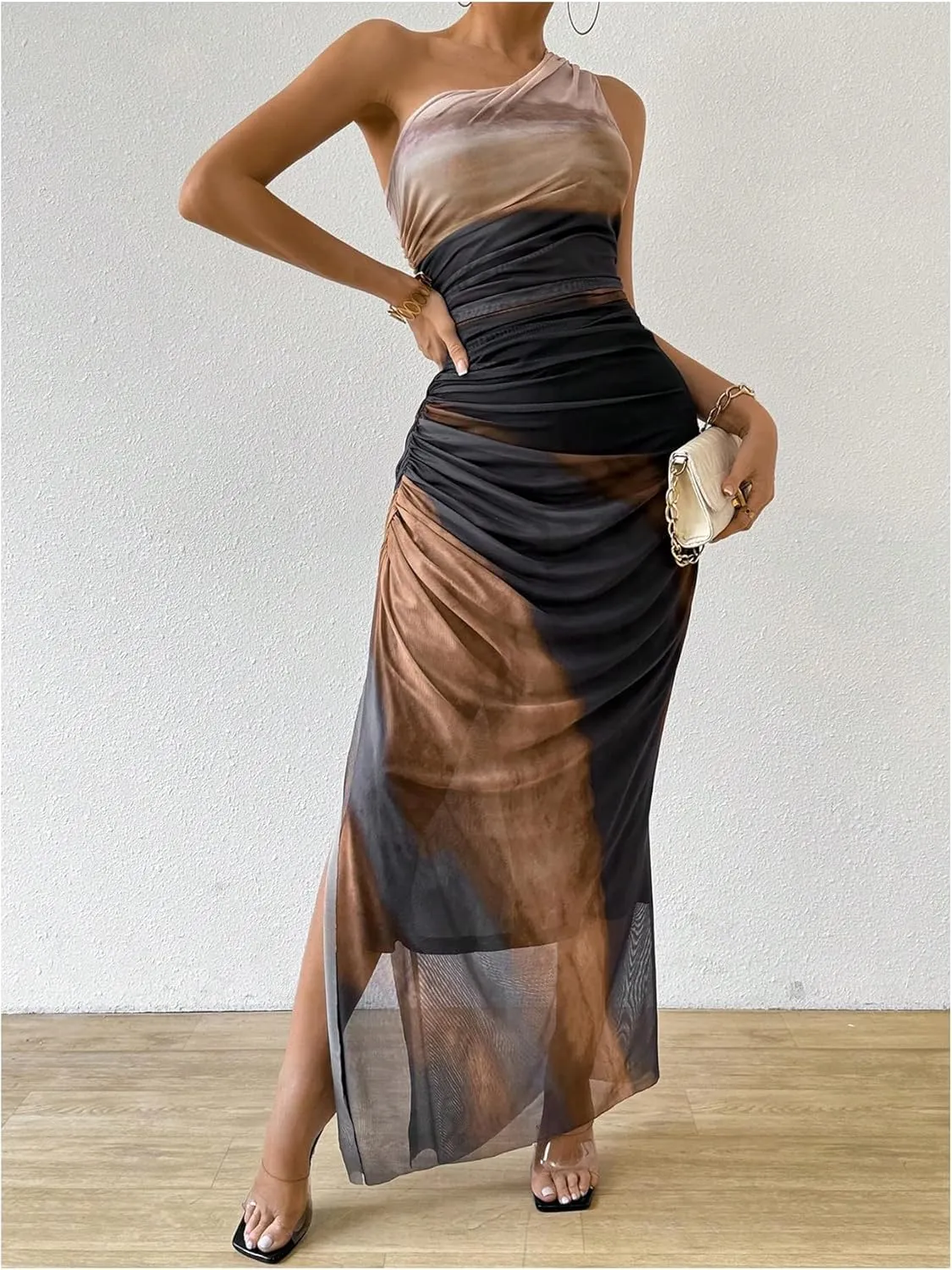 WDIRARA Women's One Shoulder Mesh Ruched Maxi Dress Tie Dye High Slit Bodycon Dresses