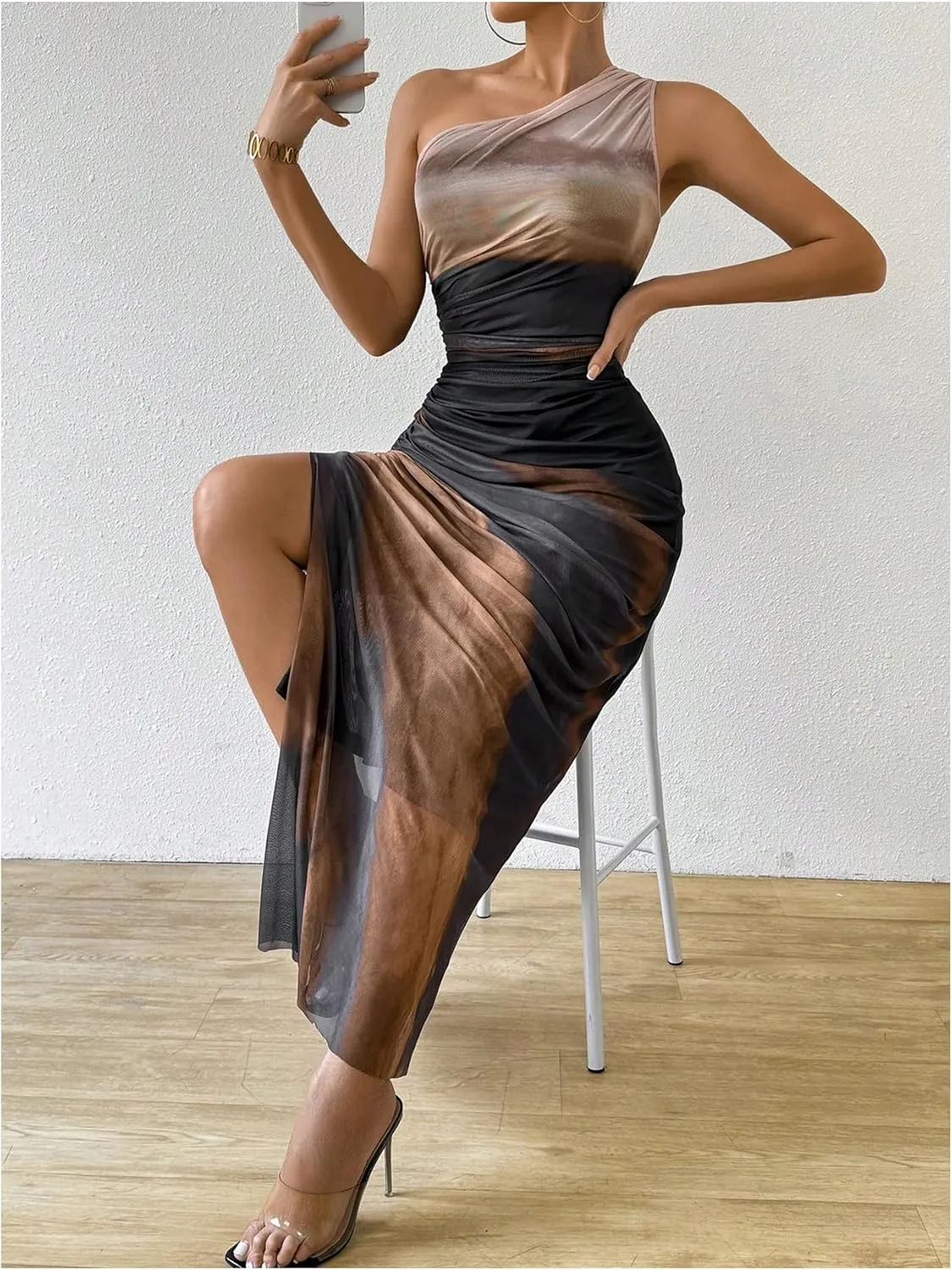 WDIRARA Women's One Shoulder Mesh Ruched Maxi Dress Tie Dye High Slit Bodycon Dresses