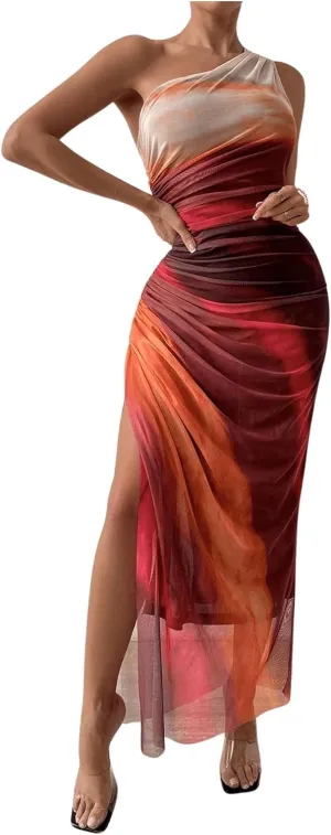 WDIRARA Women's One Shoulder Mesh Ruched Maxi Dress Tie Dye High Slit Bodycon Dresses