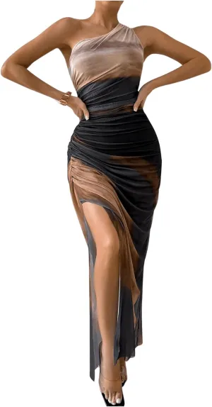 WDIRARA Women's One Shoulder Mesh Ruched Maxi Dress Tie Dye High Slit Bodycon Dresses