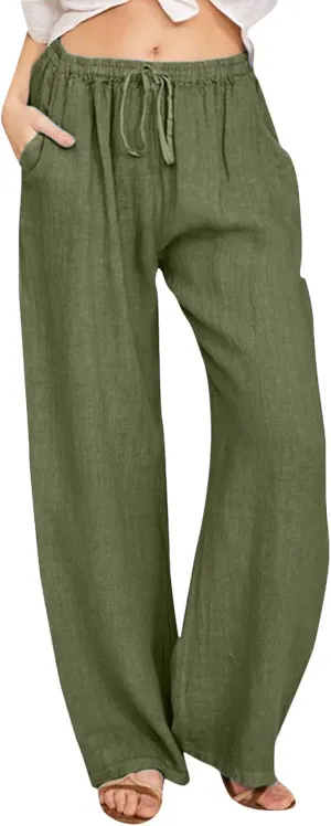 Wide Pants Waist Long Drawstring Casual Elastic Women Leg Solid Cotton Pants Studio F