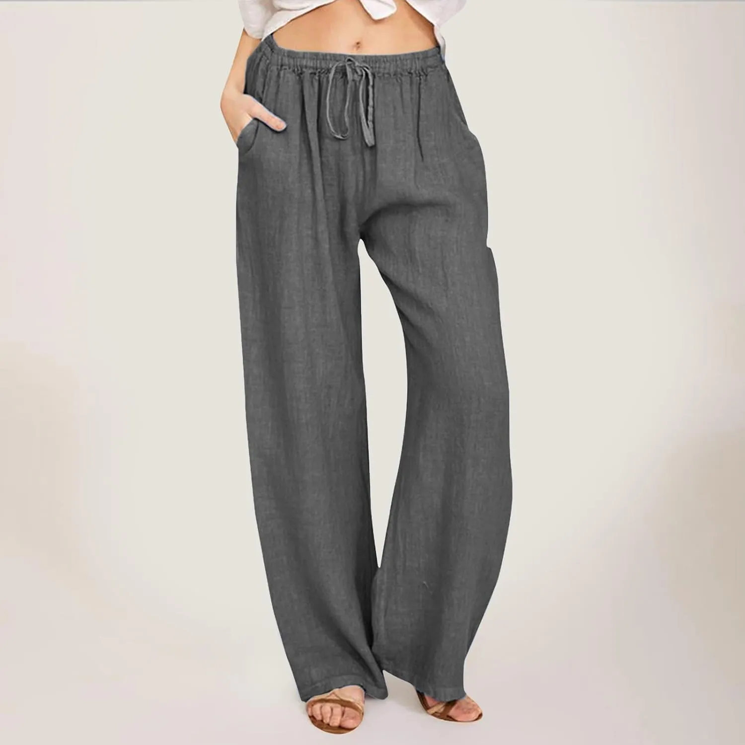 Wide Pants Waist Long Drawstring Casual Elastic Women Leg Solid Cotton Pants Studio F