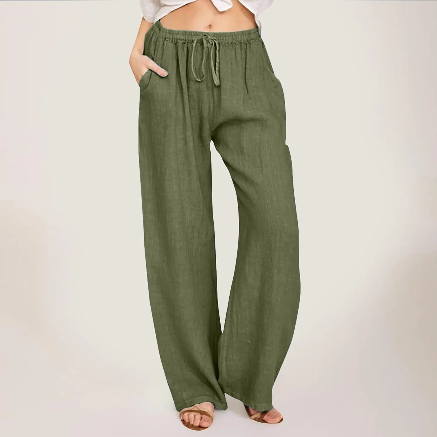 Wide Pants Waist Long Drawstring Casual Elastic Women Leg Solid Cotton Pants Studio F