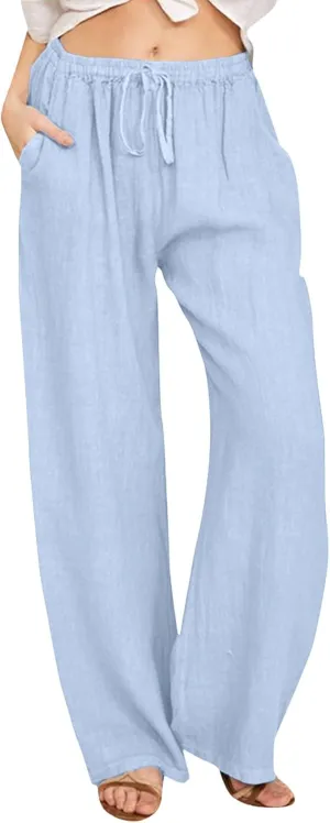 Wide Pants Waist Long Drawstring Casual Elastic Women Leg Solid Cotton Pants Women Trouser