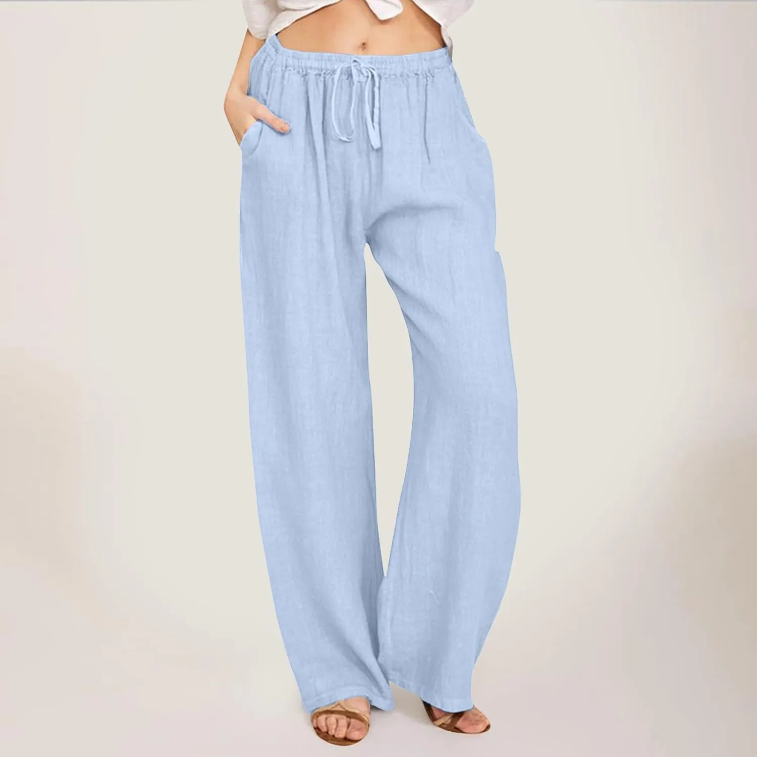 Wide Pants Waist Long Drawstring Casual Elastic Women Leg Solid Cotton Pants Women Trouser