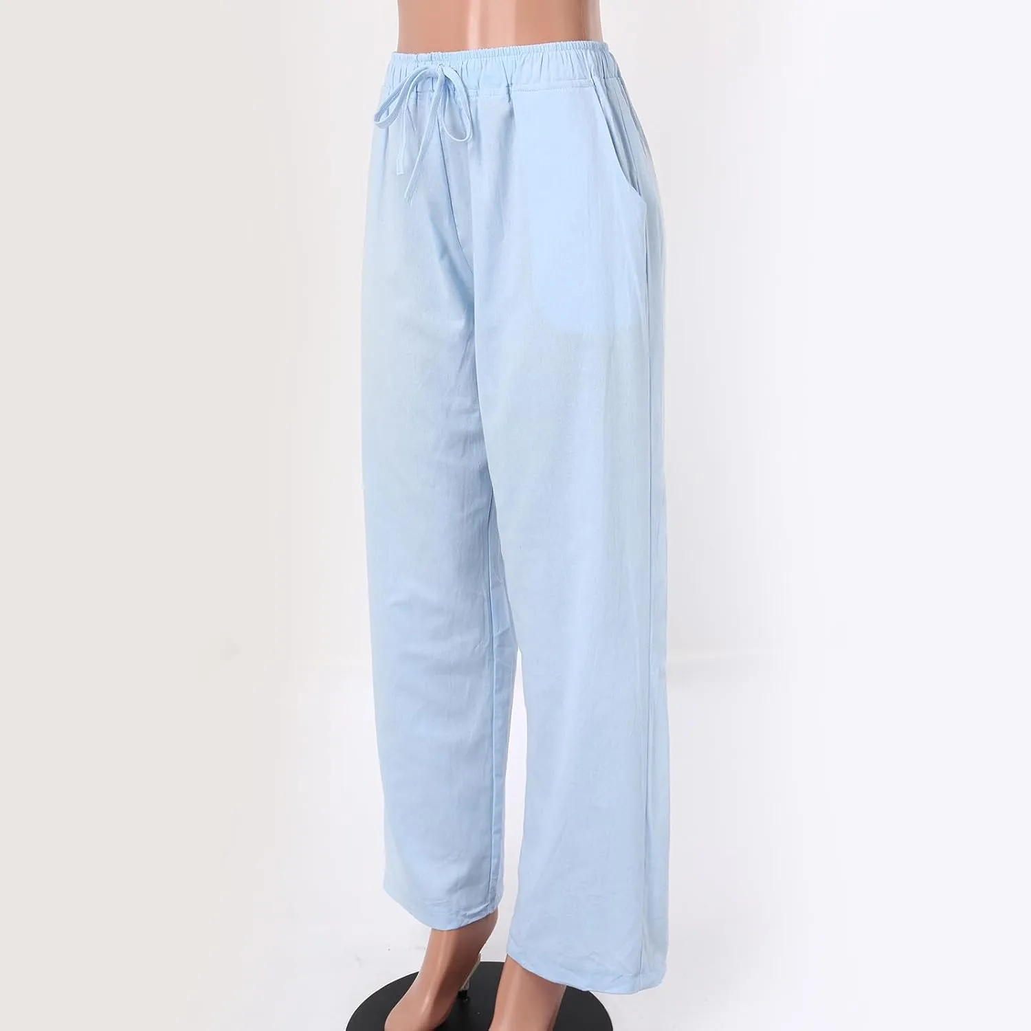Wide Pants Waist Long Drawstring Casual Elastic Women Leg Solid Cotton Pants Women Trouser