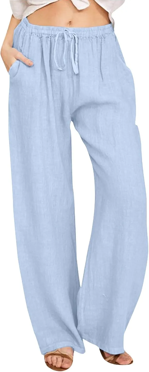 Wide Pants Waist Long Drawstring Casual Elastic Women Leg Solid Cotton Pants Women Trouser