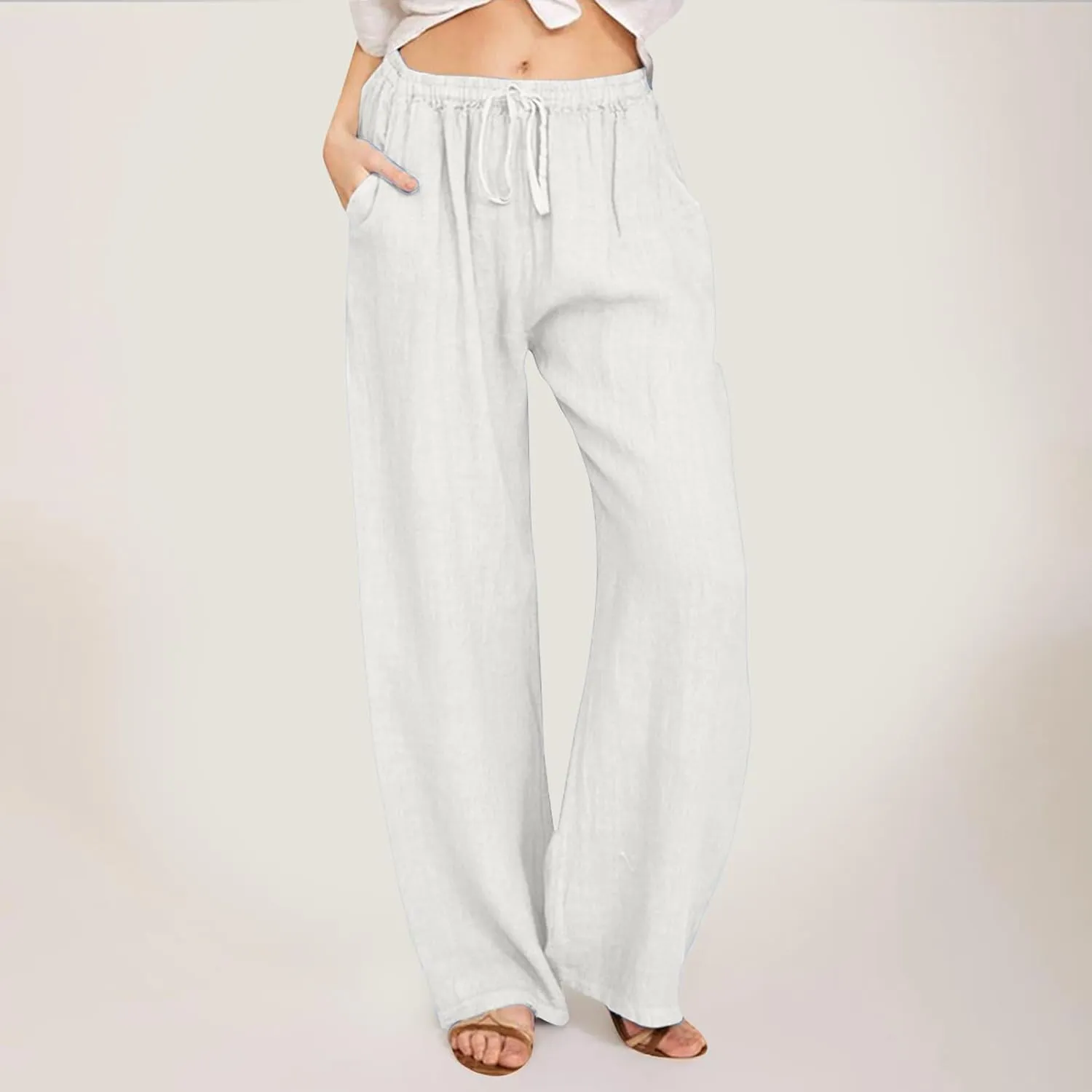 Wide Pants Waist Long Drawstring Casual Elastic Women Leg Solid Cotton Pants Yes No Pants