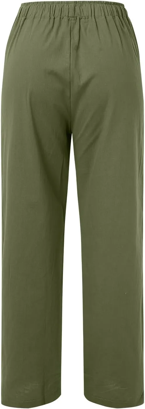 Wide Pants Waist Long Drawstring Casual Linen Elastic Women Leg Solid Cotton Pants Sequin Outfit